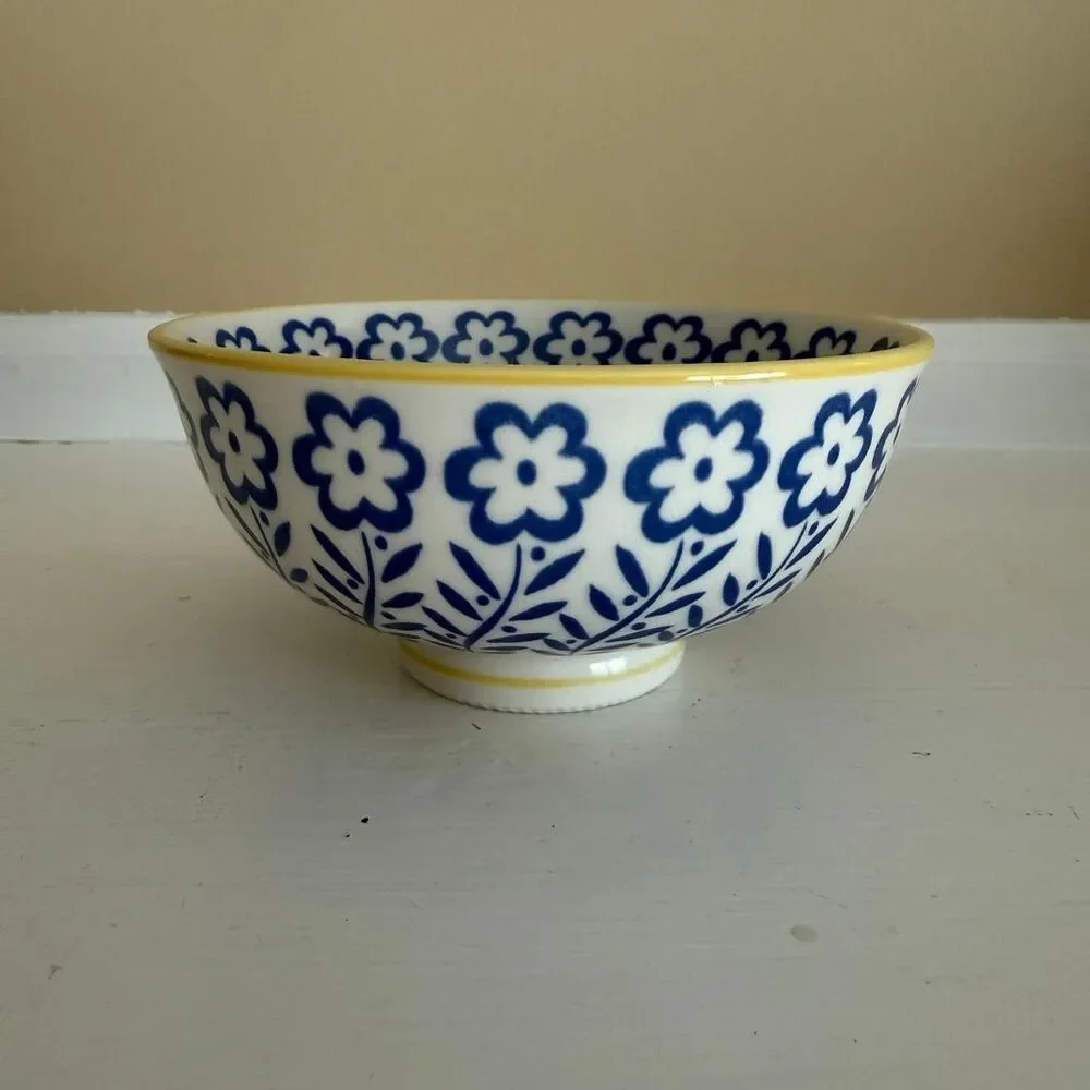 Vintage Blue & White Floral Bowl | Made in Japan | Yellow Rim Accent